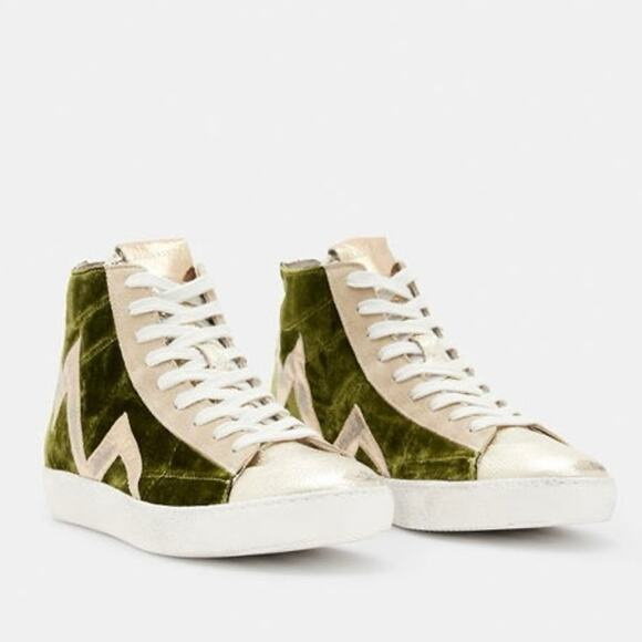 ALLSAINTS Tundy High Top Sneakers Size 8 Green Gold Velvet Distressed Casual - Picture 1 of 13
